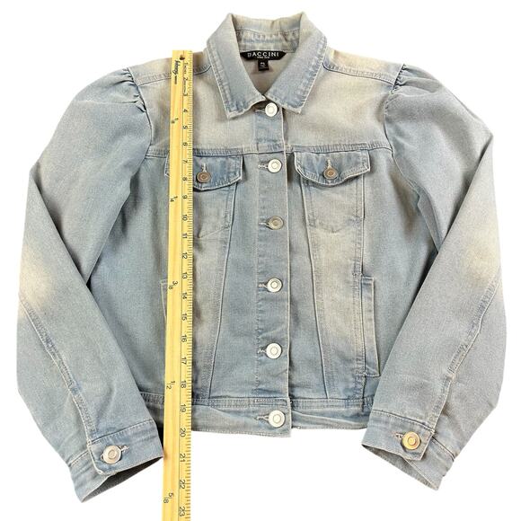 Baccini Jacket Women Petite Sz PS Light Blue Wash Cropped Ruched Shoulders Denim - Picture 12 of 12